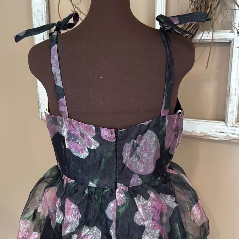 Lulus tiered black floral midi dress size large tie straps whimsigoth fairy dark - Picture 6 of 12